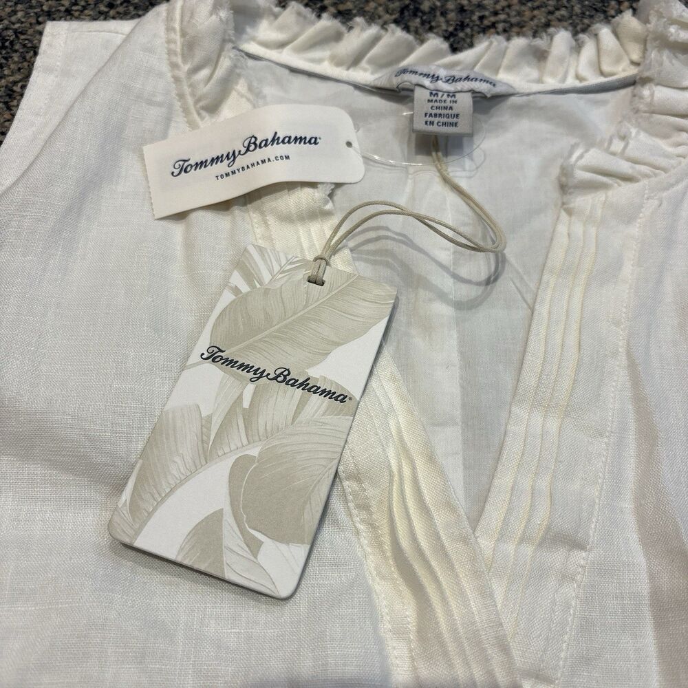 Tommy Bahama Two Palms Double Ruffle Dress Linen In White New Size Medium - Picture 2 of 8